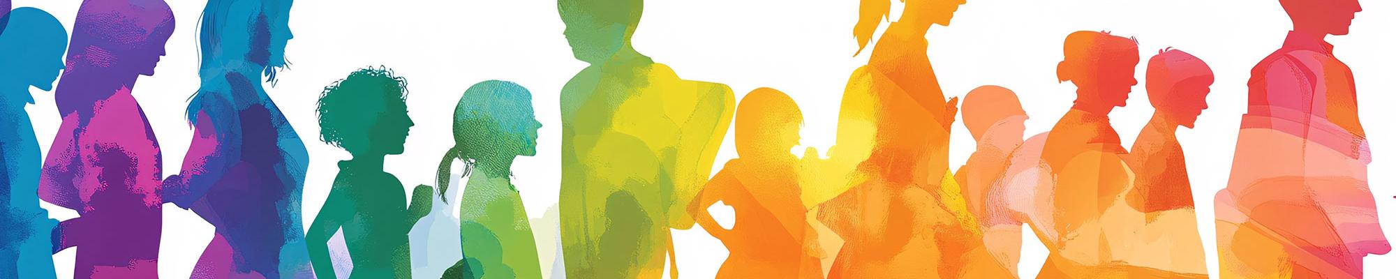 Colorful silhouettes of diverse people holding hands, Diversity Equity and Inclusion, modern company background 