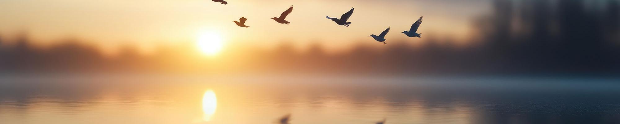 Silhouette of birds flying over a tranquil lake at sunrise, creating a serene and captivating scene